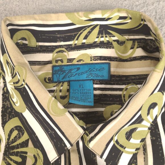 Paradise Blue Hawaiian Shirt Mens XL Floral Striped Button Down Cotton Bamboo - Picture 5 of 14